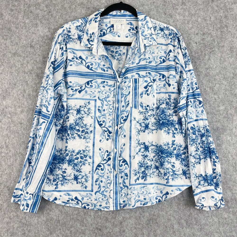 Calypso St Barth Top Women Large Blue Floral Blouse Lightweight Coastal Summer